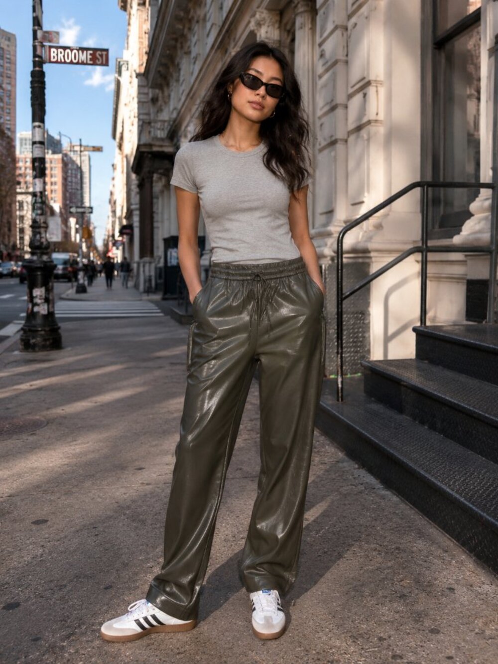 MANGO Olive Green Faux Leather Pants Size Small Wide Leg Drawstring Trousers